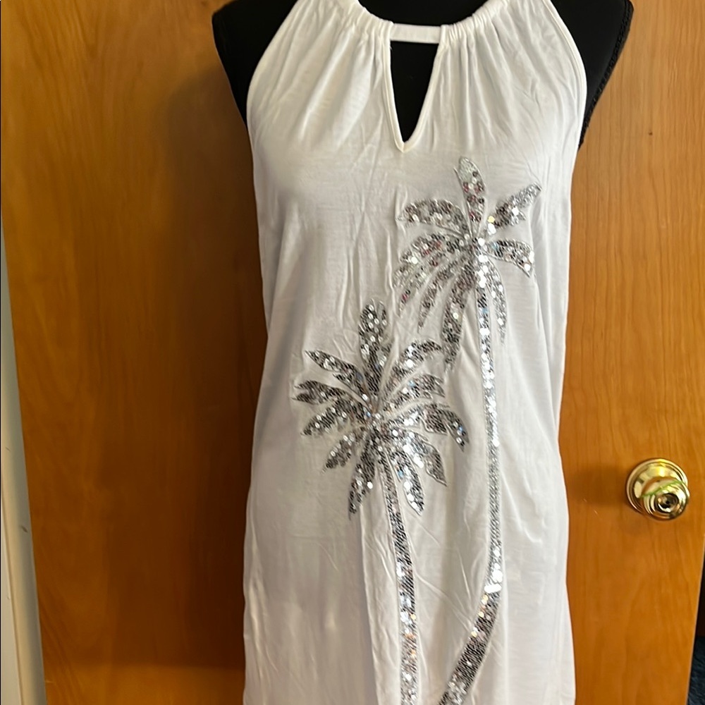 White INC sleeveless top with Silver sequin Palm Tree Design